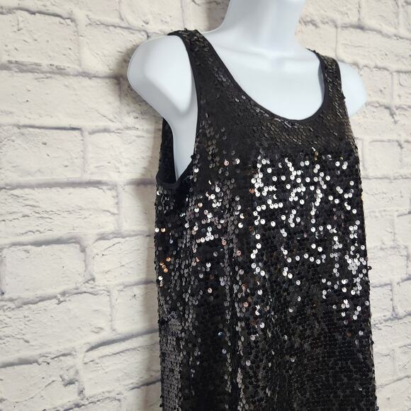 🌼Express Top Womens Size Small Split Back Tank Black Sequin - Picture 3 of 14